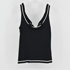 Vtg Cache Womens Knit Black Sleeveless Top Size S Ruffle Neck White Trim‎ Blouse